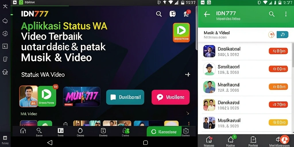 Antarmuka IDN777 dengan berbagai pilihan video status menarik.
