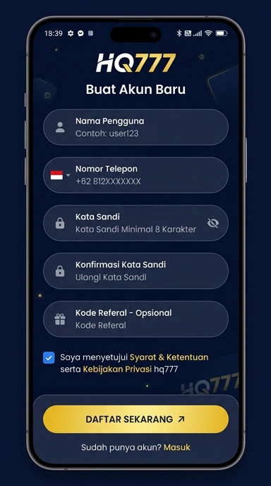 Tampilan halaman daftar hq777